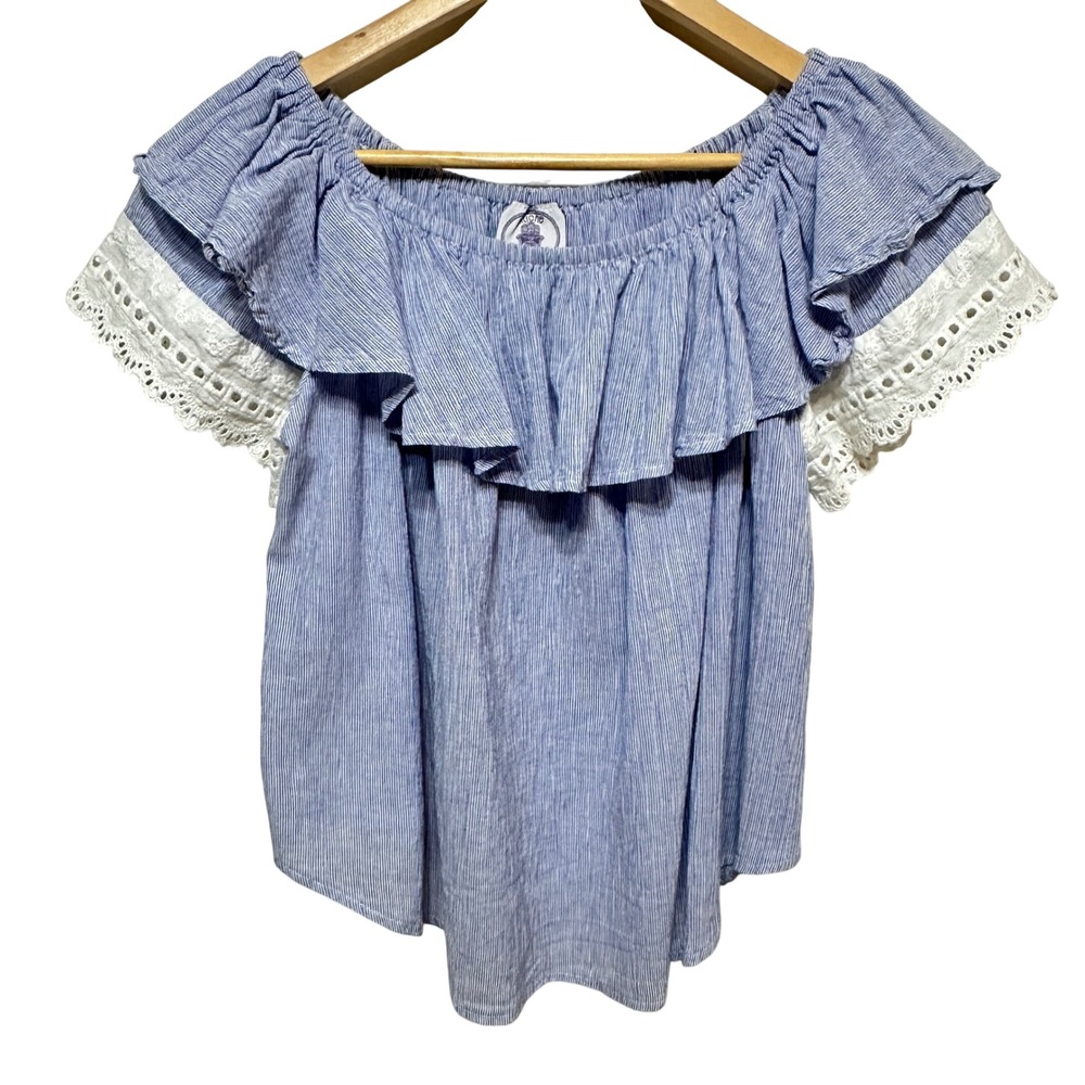 Muche et Muchette Striped‎ Off Shoulder Ruffle Eyelet Lace Top OS Blue White